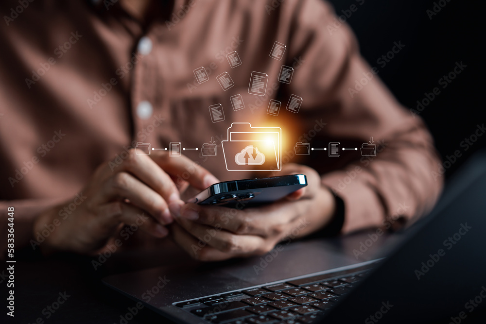 Fototapete Document Management Cloud computing System, online documentation database and process automation to efficiently manage files, knowledge and documentation in enterprise with ERP.