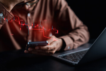 Businessman Investor money loss analyze stock chart, forecast and analysis graph, economic...