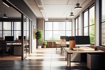 empty open space office with view of busy city street, showcasing the hustle and bustle of a modern workplace, created with generative ai