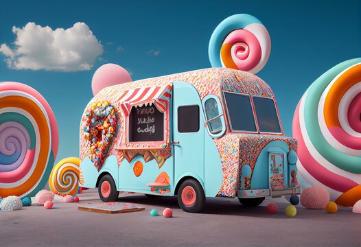 A Colorful Candy Land Food Truck In 3D. Generative AI