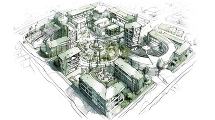 Urban project planning. Green sustainable design, creating eco friendly spaces, promoting energy efficiency, and integrating renewable energy sources for a low impact urban environment. Generative AI