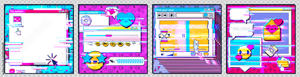 Poster social media posts with retro computer interface with glitch effect. abstract posters templates with