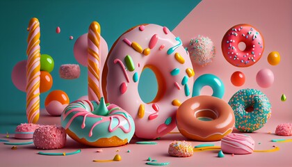 Donuts 3D style. Donuts composition, vibrant colors and shapes. Abstract isolated background scene.