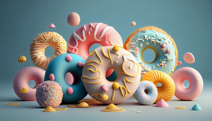 Donuts 3D style. Donuts composition, vibrant colors and shapes. Abstract isolated background scene.