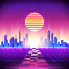 80s Retro Sci-Fi Background with Night City Skyline. Vector futuristic synth retro wave illustration in 1980s posters style. Suitable for any print design in 80s style