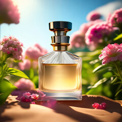 Luxury perfume with floral scent for women in the flower garden. Generative AI