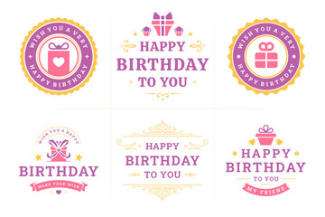 Happy birthday gift box purple vintage emblem and badge set for greeting card design vector flat