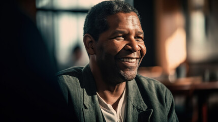 Portrait of smiling mature man sitting in cafe and looking at camera, Generative AI