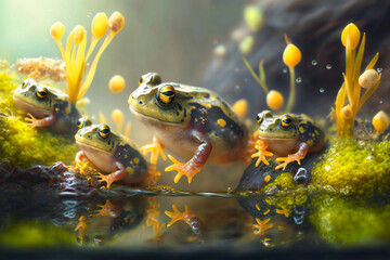Obraz na płótnie Canvas Witness the fascinating transformation of tadpoles into tiny frogs, a testament to nature's adaptability