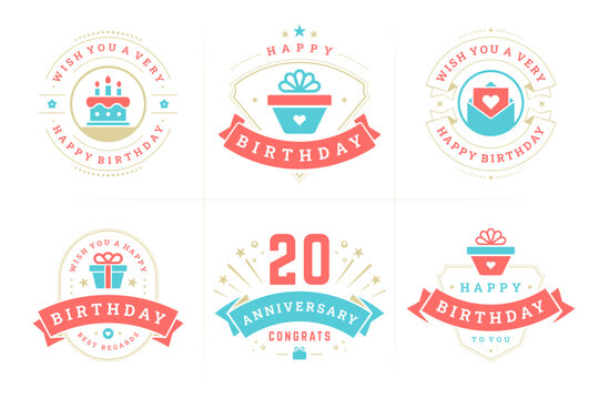 Happy birthday anniversary vintage emblem and badge set for greeting card design vector flat