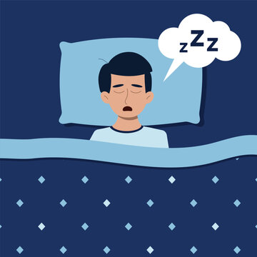 Man or boy sleep zzz at night in bed at home or in hotel. Good night, rest, relax top view concept. Deep healthy sleep image. Flat design cartoon style vector character illustration. View from above.