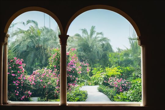 Fototapeta Old ancient large house window overlooking on tropical forest garden nature. Archway of residential apartment with charming view., created with generative ai