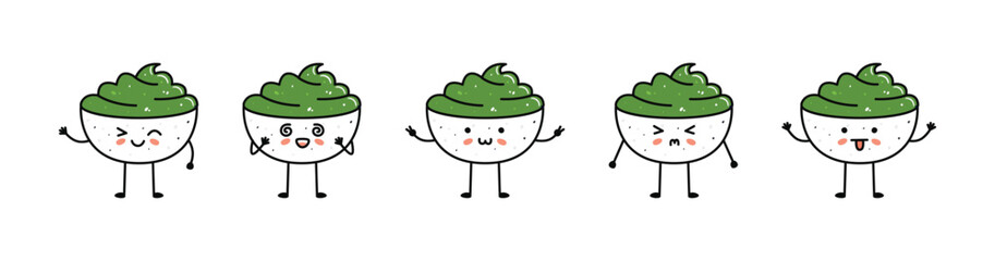 Set of kawaii wasabi bowl sushi mascots in cartoon style.