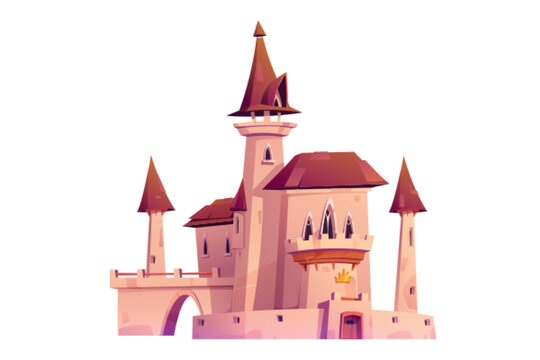Magic princess palace, medieval royal castle with gold crown. Fantasy fairytale fortress with stone walls, wooden gates, arch and towers isolated on white background, vector cartoon illustration