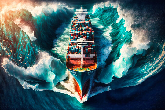 A bird's-eye view of a massive cargo ship sailing through the blue ocean, with a visible contrail and loaded with containers
