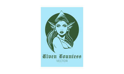 Vector green beautiful young pleasant elven countess in a blue rectangle. Sticker, emblem or icon. White isolated background.
