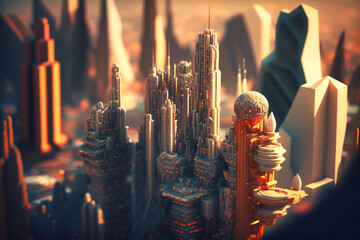 Soaring above a futuristic cityscape, sleek skyscrapers punctuate the horizon, reflecting a utopian vision of progress