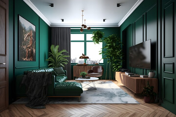 Example of renovation for Living room with a huge wall-mounted TV and a spacious wooden cabin, nice green walls go well with parquet flooring and coffee-colored furniture, study,relaxation