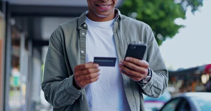 Man, hands and phone with credit card in city for ecommerce, online shopping or banking. Hand of male on mobile smartphone or bank app for wireless transaction or purchase with 5G connection in town