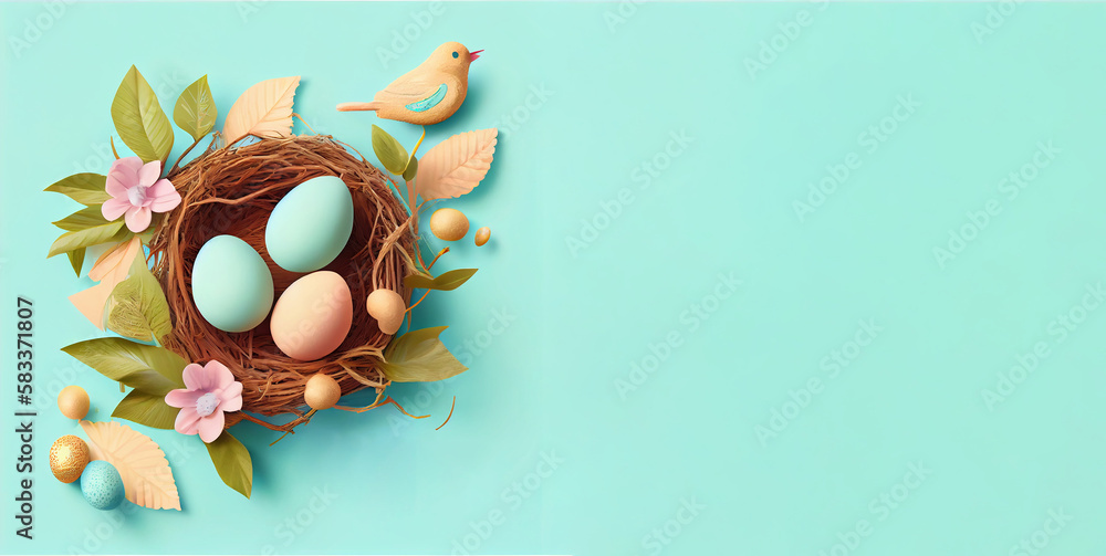 Poster happy easter day concept. top view easter eggs isolated on white background with copy space for text