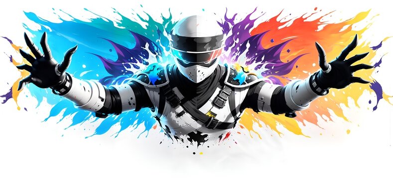Photo of a person in a white and black suit and helmet in front of a colorful background