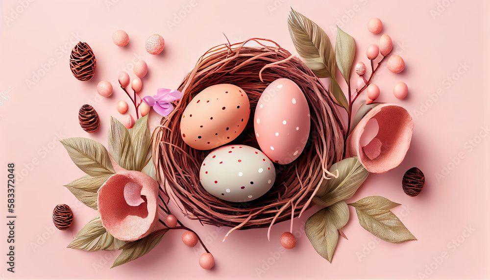 Poster happy easter day concept. top view easter eggs isolated on white background with copy space for text