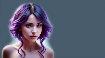 Portrait of a beautiful nude (cleavage area) girl with creative hair coloring in purple.