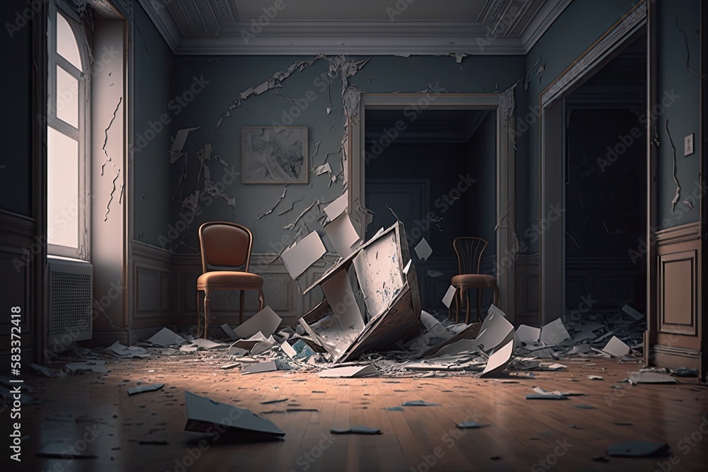 Sticker empty room, with broken or shattered furniture and debris on the floor, created with generative ai