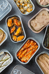 Assortment of Tinned fish, canned food ready for date night