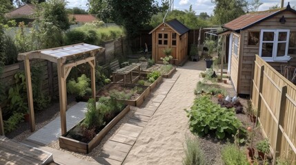 Fototapeta na wymiar A view looking down a back garden of a home with paving slaps and gravel, pea shingle, wooden railway sleeper flower bed, vegetable patch, potted plants, timber fence, grey summerhouse, generative ai