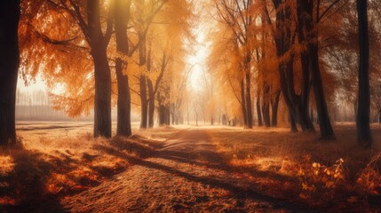 Autumn Landscape. Fall Scene. Trees and Leaves in Sunlight Rays, generative ai