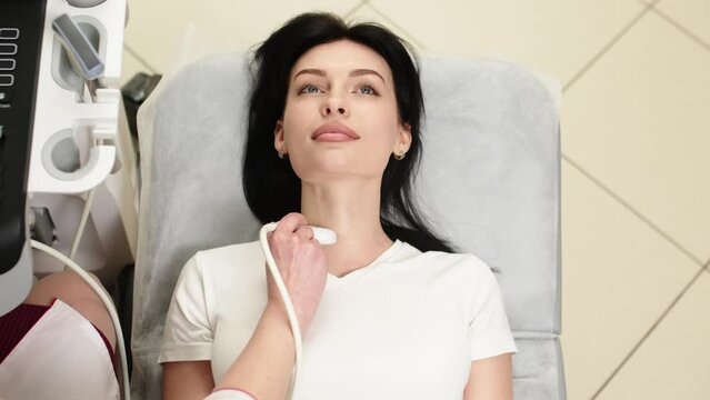 Ultrasound diagnosis of the thyroid gland of a young woman in the clinic. A female doctor holds an ultrasound probe along the patient's neck. Health concept.