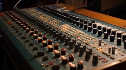 Closeup of sound mixing panel knobs and switches, generative ai