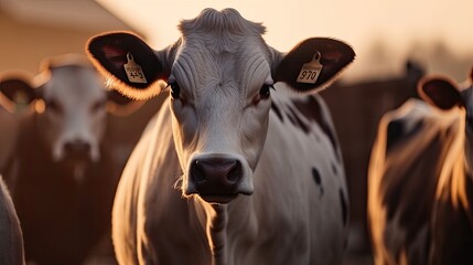 Cows with smart collar in modern farm livestock animal with sunlight, generative ai