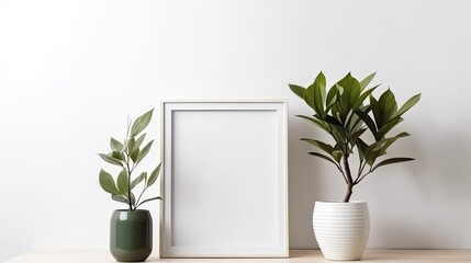 Empty square frame mockup in modern minimalist interior with plant in trendy vase on white wall background, generative ai