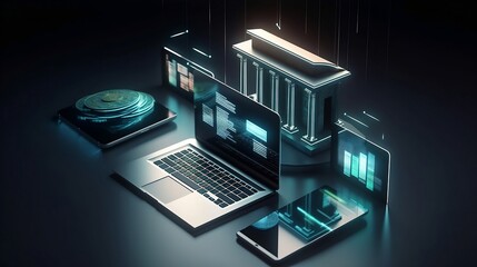 Online banking laptop with map. Us dollars of the bills. Generative AI. 
