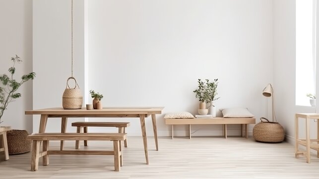 Home mockup, white room with natural wooden furniture,  generative ai