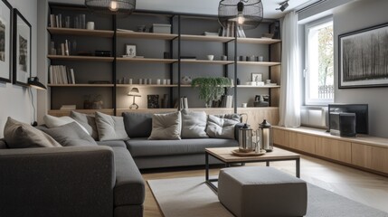 Fototapeta na wymiar Interior of modern living room with grey sofas, window and shelving unit, generative ai