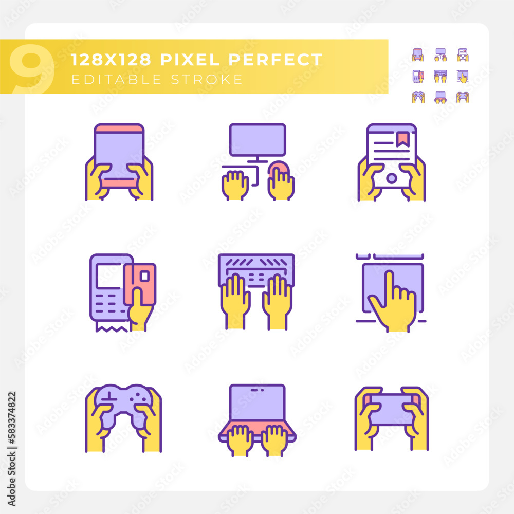 Poster yellow hands using electronic gadgets rgb color icons set. technology of business and entertainment.
