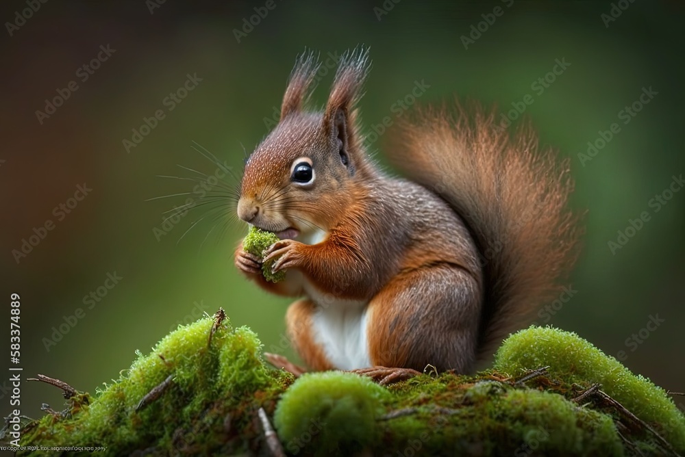 Poster sitting on some moss and munching on a hazelnut, a red squirrel (sciurus vulgaris) in the forest. ge