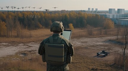 Mobile military base, soldier engineer transmits aerial pictures and data from drone to artillery. generative ai