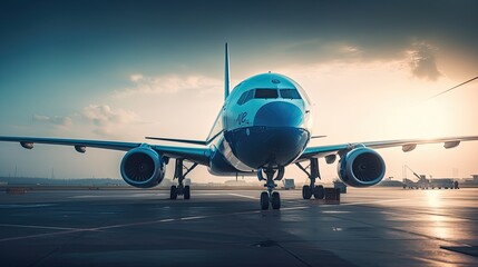 Naklejka premium modern aircraft on airfield, blue color with sunlight, generative ai