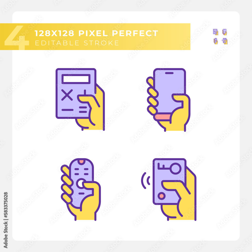 Poster yellow hands with mobile devices rgb color icons set. appliances for control and communication. pers