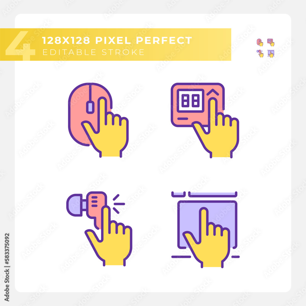 Aufkleber yellow hands pressing keys on devices rgb color icons set. electronic gadgets usage. equipment contr