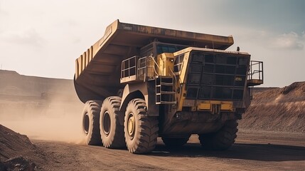 Open pit mine industry, big yellow mining truck for coal anthracite, generative ai