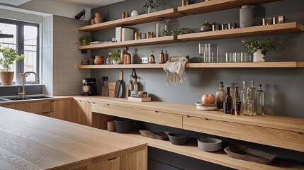 Obraz na płótnie Canvas Open shelving and solid oak work surfaces in kitchen with white wooden wall panels, generative ai