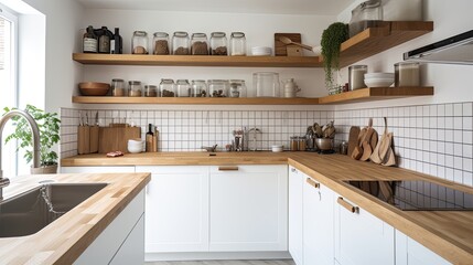 Open shelving and solid oak work surfaces in kitchen with white wooden wall panels, generative ai