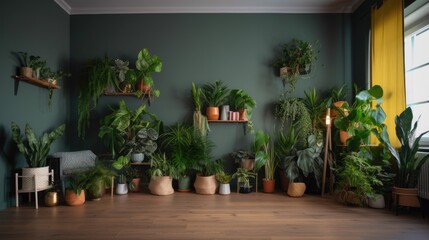 Fototapeta na wymiar Potted plants decorate the empty living room with green walls and a hardwood floor. generative ai