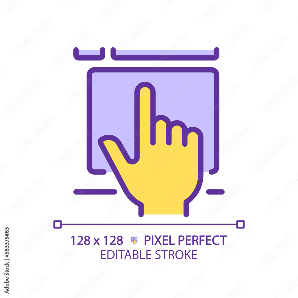 Poster yellow hand with touchpad device rgb color icon. finger touching controller surface. digital technol