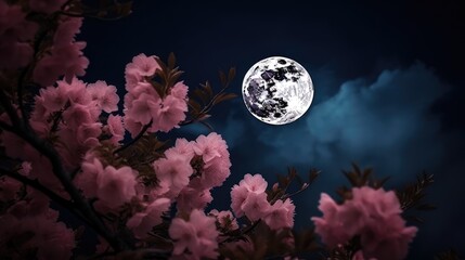Romantic night scene - Beautiful pink flower blossom in night skies with full moon. sakura flower in night, generative ai